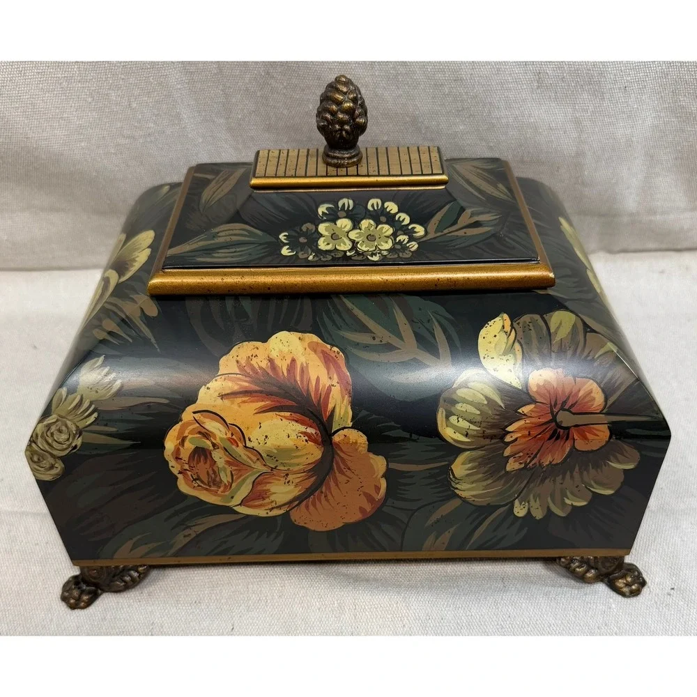 Vintage Floral Hand Painted Decorative Jewelry Box Lion Paw Feet Pinecone Finial